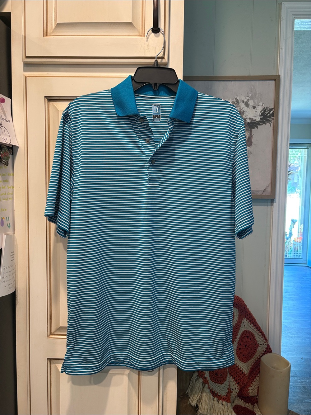 PGA Tour Teal and White Striped Men’s Polo